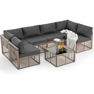 7-Piece Outdoor Patio Furniture Set – Hollow Weave Rattan Sectional with Cushions & Coffee Table, All-Weather Garden Sofa Set