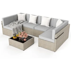 7-Piece Outdoor Patio Furniture Set – Rattan Sectional Sofa with Reclining Options, Washable Cushions & Coffee Table – All-Weather Lounge Set