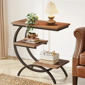 Tribesigns Industrial C-Shaped End Table – 3-Tier Small Side Table for Couch or Bed with Storage Shelves