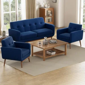 3-Piece Living Room Furniture Set – Modern Upholstered Sofa Set with Button Tufted Loveseat & 2 Chairs, Solid Wood Frame