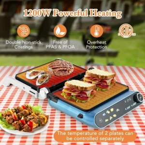 COSTWAY Panini Press & 7-in-1 Sandwich Maker – 1200W Indoor Grill with LED Touch Panel, Non-Stick Plates & Removable Drip Tray