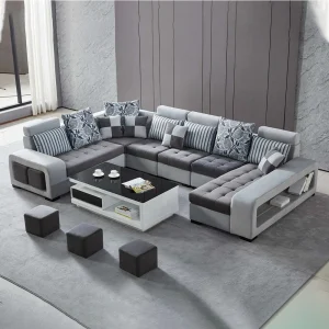 MINGDIBAO U-Shaped Sectional Sofa with Chaise & Stools – Modern Fabric Living Room Couch with Storage & Convertible Bed