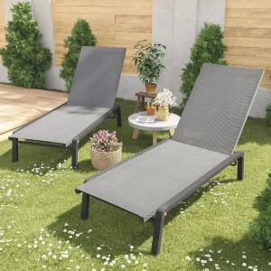Set of 2 Patio Chaise Lounge Chairs – Foldable Aluminum Recliners with 4 Adjustable Backrest Positions