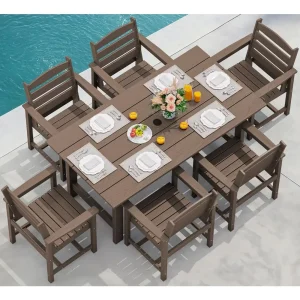 7-Piece Outdoor Patio Dining Set – HDPE Table with Umbrella Hole & 6 All-Weather Chairs
